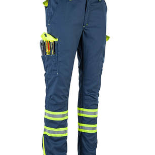 Pantalón Gabardina modelo cargo World azul con cinta amarilla