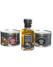 Patés de morchelas + aceite de oliva con aroma de trufa negra 50 ml.