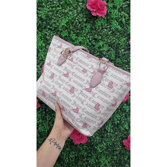TOTE JUICY BLANCO CON CORAZONES ROSADOS