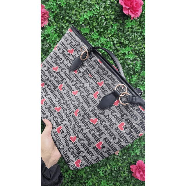 TOTE JUICY GRIS CON NEGRO Y CORAZONES