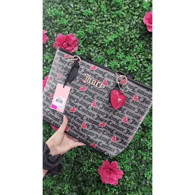 TOTE JUICY GRIS CON NEGRO Y CORAZONES