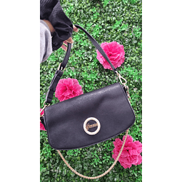 CARTERA DE HOMBRO GUESS NEGRA LISA LOGO BRILLANTE CIRCULAR