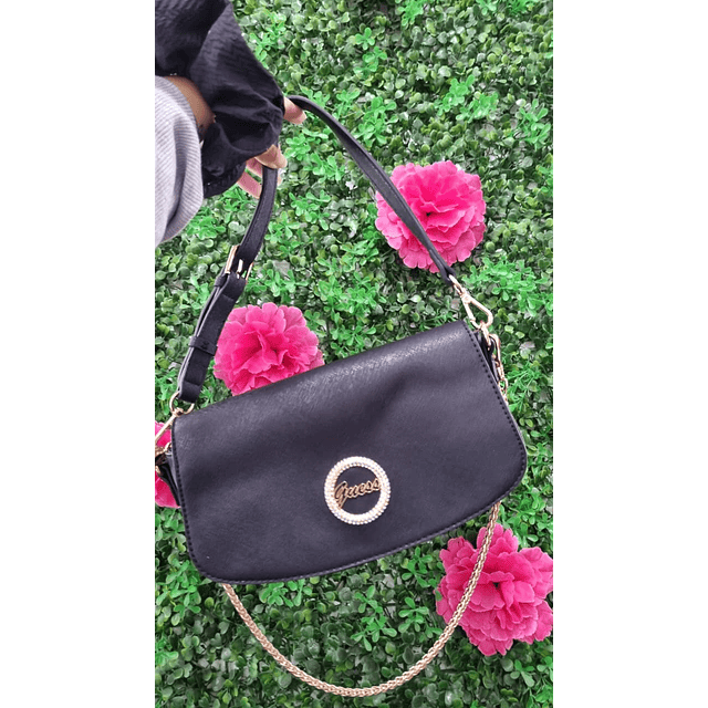 CARTERA DE HOMBRO GUESS NEGRA LISA LOGO BRILLANTE CIRCULAR