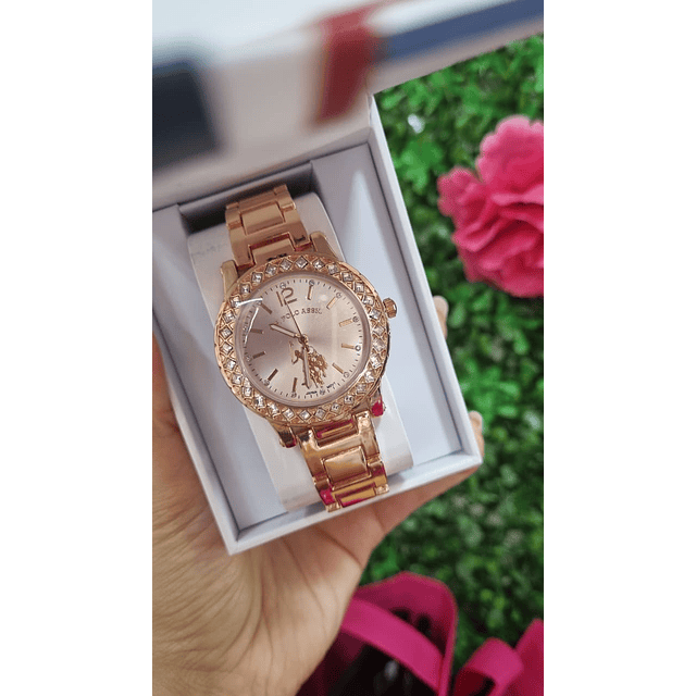 RELOJ U.S. POLO ASSN MUJER - ROSE GOLD CON BRILLOS CUADRADOS
