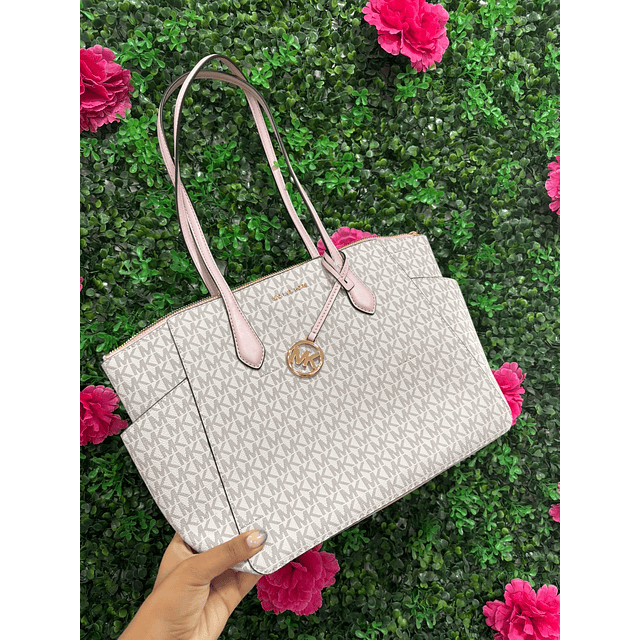 TOTE MK VAINILLA + CORREA ROSA CIERRE COMPLETO