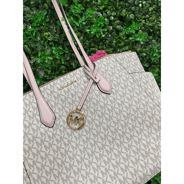 TOTE MK VAINILLA + CORREA ROSA CIERRE COMPLETO