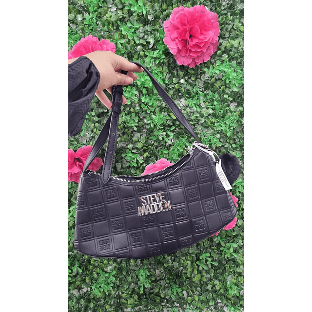 CARTERA SM NEGRA CUADRADOS POMPON CORAZON
