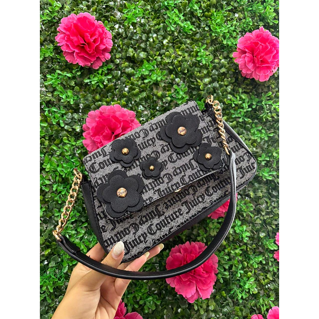 CARTERITA JUICY DE HOMBRO GRIS CON NEGRO FLORES