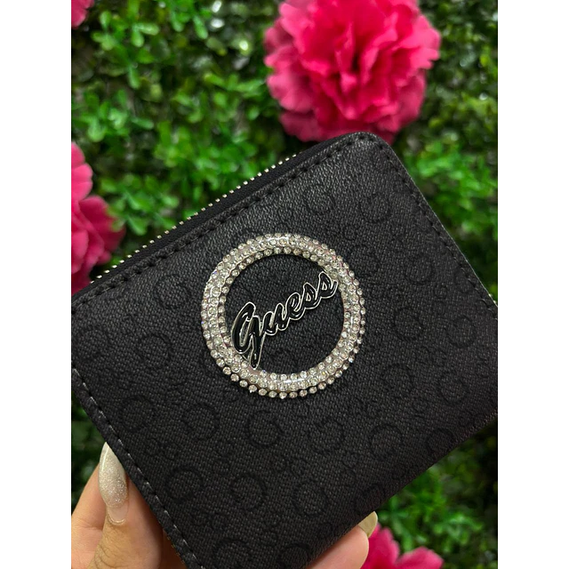 BILLETERA NEGRA MONOGRAMA CON LOGO BRILLOS PEQUEÑA