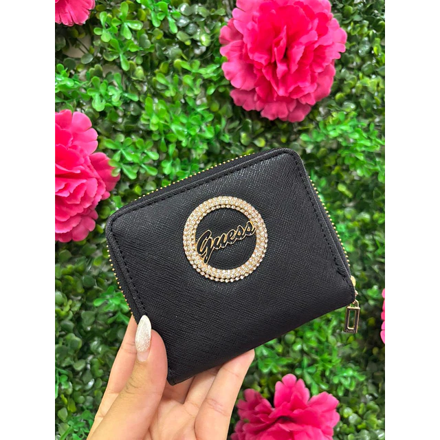 BILLETERA NEGRA LISA CON LOGO BRILLOS PEQUEÑA