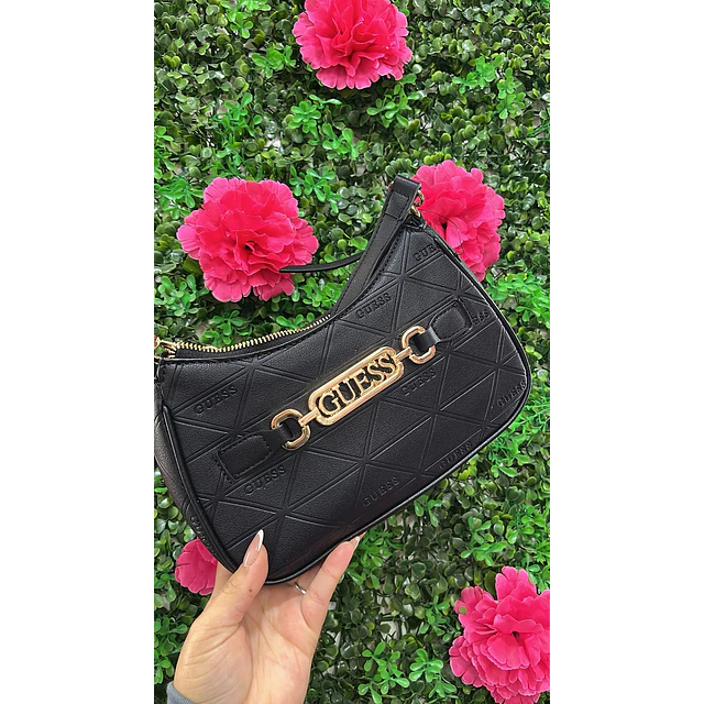 CARTEA LUNA GUESS NEGRA LOGO DORADO DOBLE CORREA