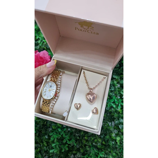 RELOJ POLO + CADENA Y AROS CORAZÓN