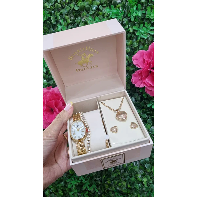 RELOJ POLO + CADENA Y AROS CORAZÓN