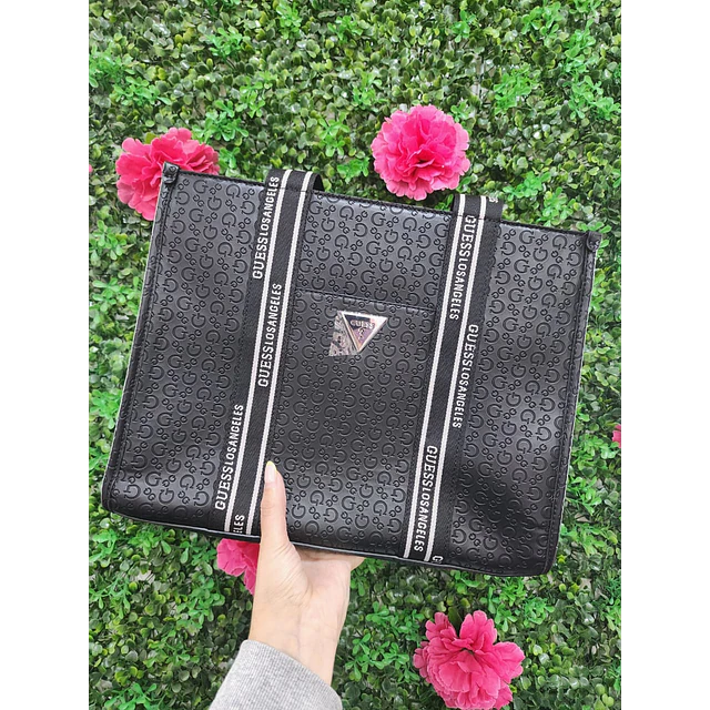 TOTE GUESS CUADRADO MONOGRAMO FRANJAS DE TELA