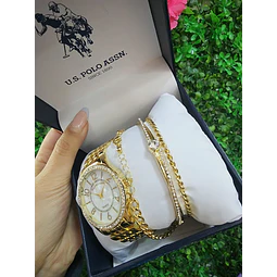 RELOJ POLO DORADO BRILLOS + PULSERAS