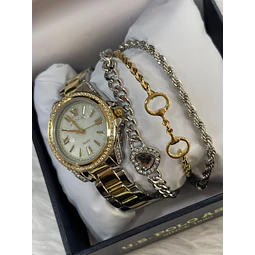 RELOJ POLO PLATEADO/DORADO MUJER + PULSERAS DETALLE CORAZON