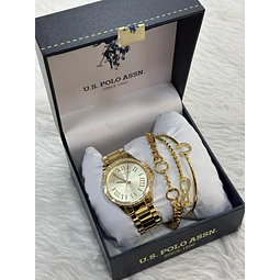 RELOJ POLO DORADO MUJER + PULSERAS INFINITO