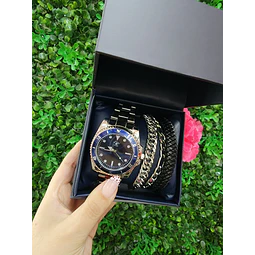 RELOJ POLO HOMBRE PLATEADO VISOR AZUL + PULSERAS