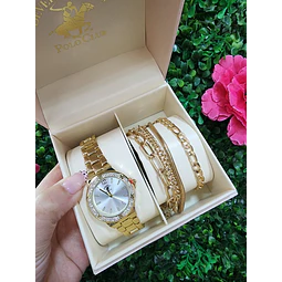 RELOJ POLO DORADO + PULSERAS CAJITA ROSADA