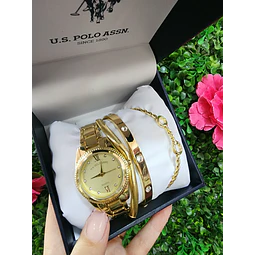 RELOJ POLO DORADO + PULSERAS CAJITA AZUL