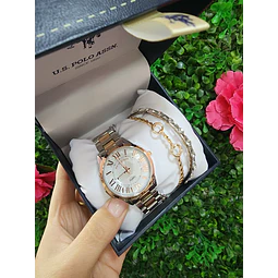 RELOJ POLO PLATEADO CON ROSADO GOLD + PULSERAS