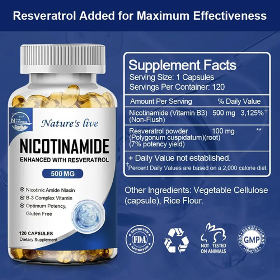 Nicotinamida 500Mg + Resveratrol 120 Cápsulas Blandas 2