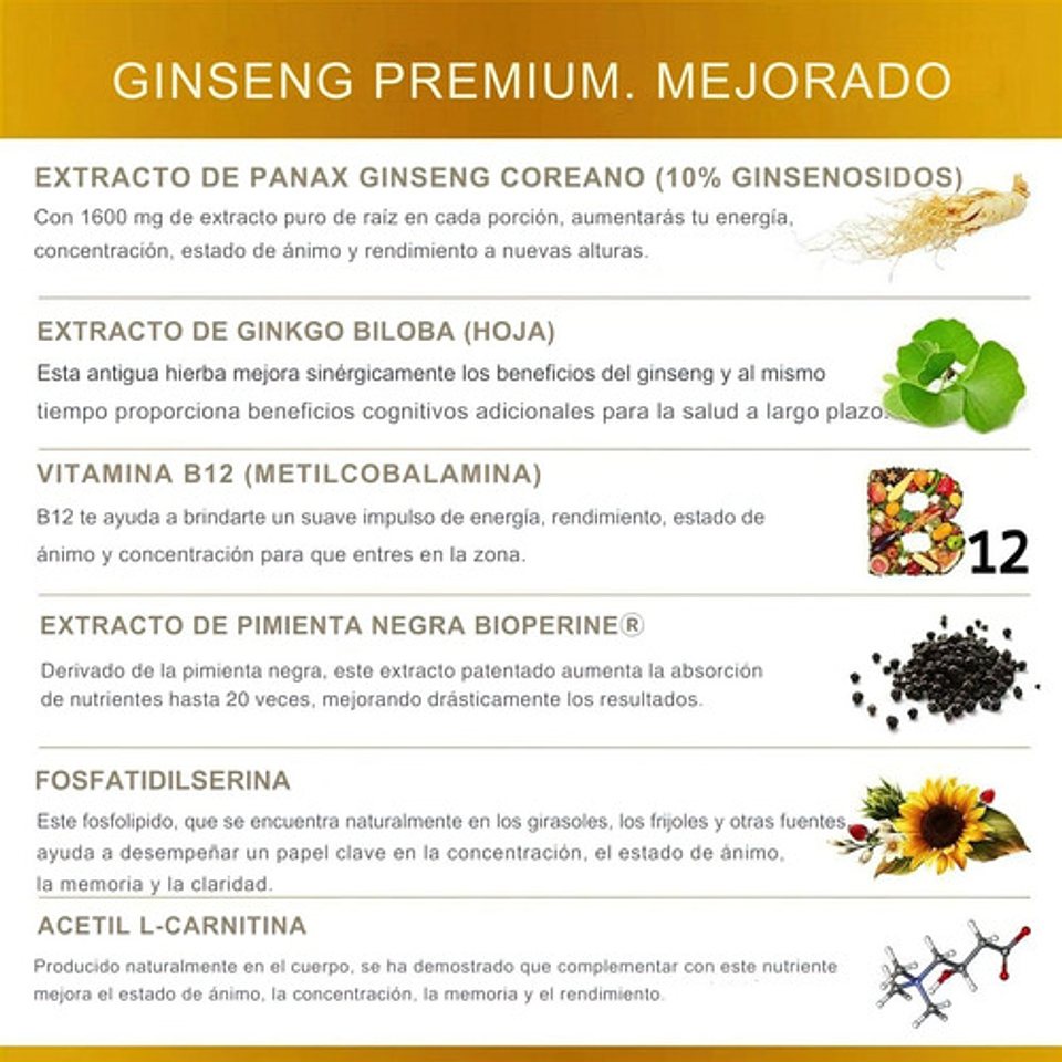 Panax Ginseng Coreano Con Ginkgo Y L-carnitina 60 Cápsulas 3