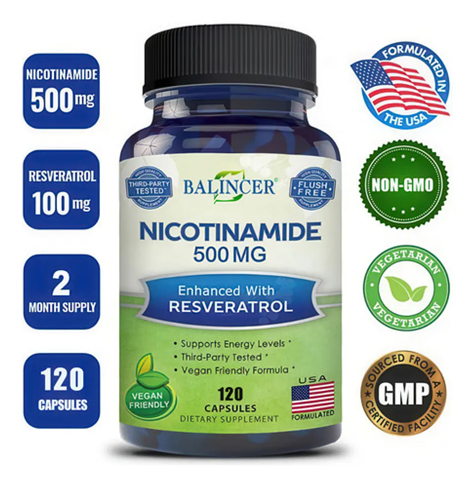 Nicotinamida 500Mg + Resveratrol 120 Cápsulas 6