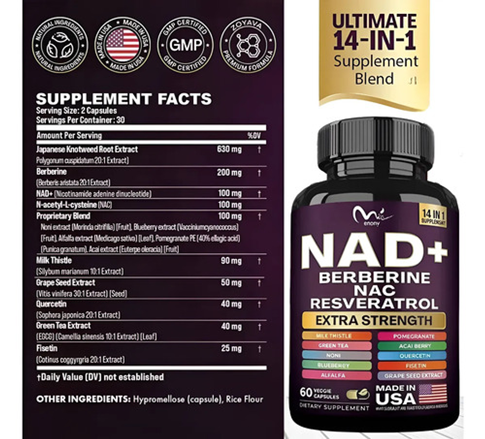 Nad+ Berberine Nac Y Resveratrol 14 En 1 De 60 Cápsulas 2