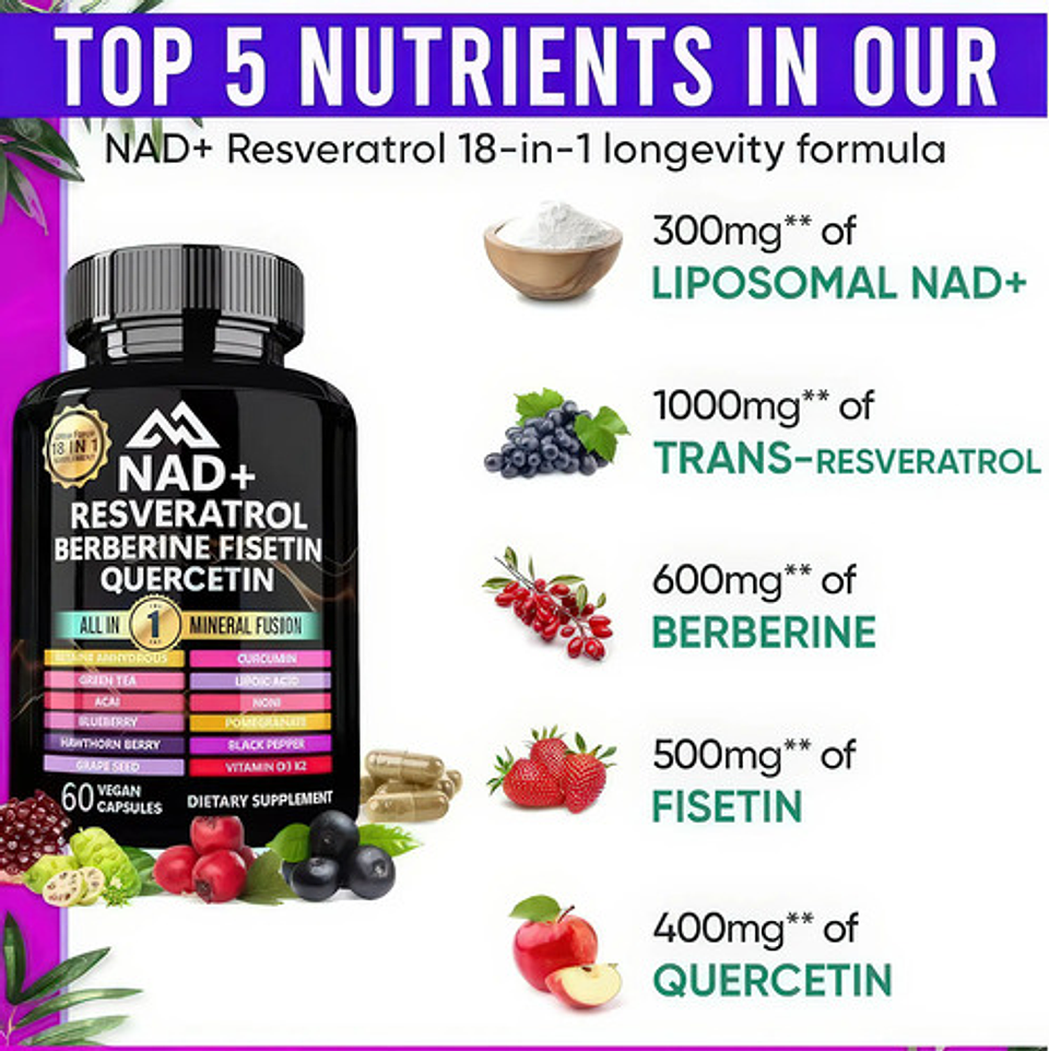 Nad+ Resveratrol Berberina Fisetin Quercetin 18 En 1 60 Cáp 4