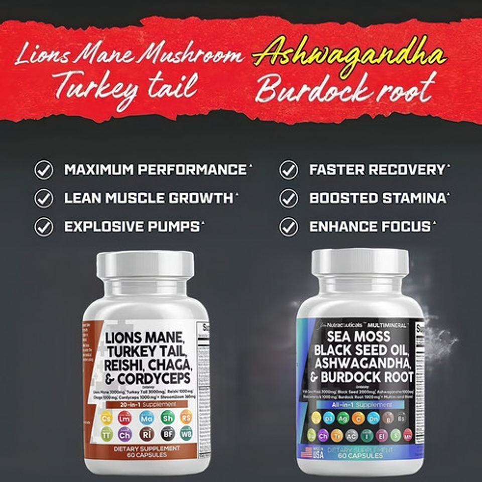Pack Mix Melena De León Sea Moss Ashwagandha 120 Cápsulas 8