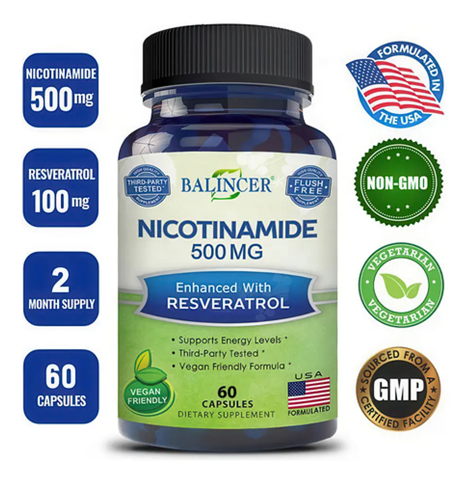 Nicotinamida Balincer 500Mg Resveratrol 60 Cápsulas Sin Gluten Vegano Sin Sabor 2