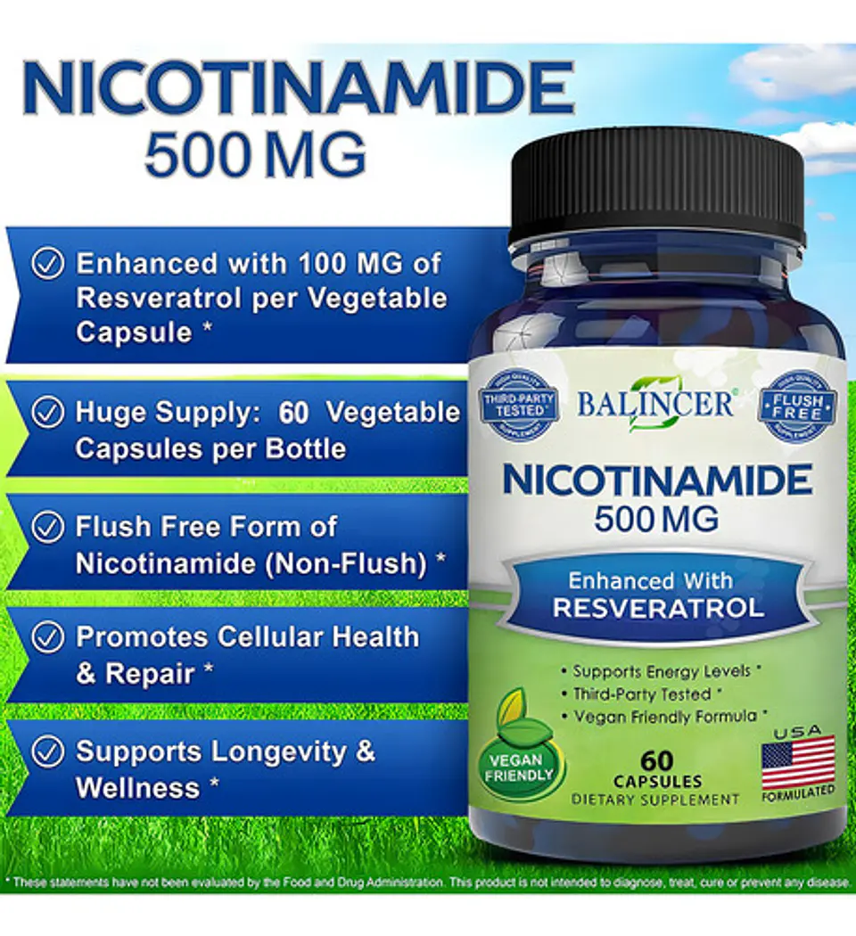 Nicotinamida Balincer 500Mg Resveratrol 60 Cápsulas Sin Gluten Vegano Sin Sabor 2