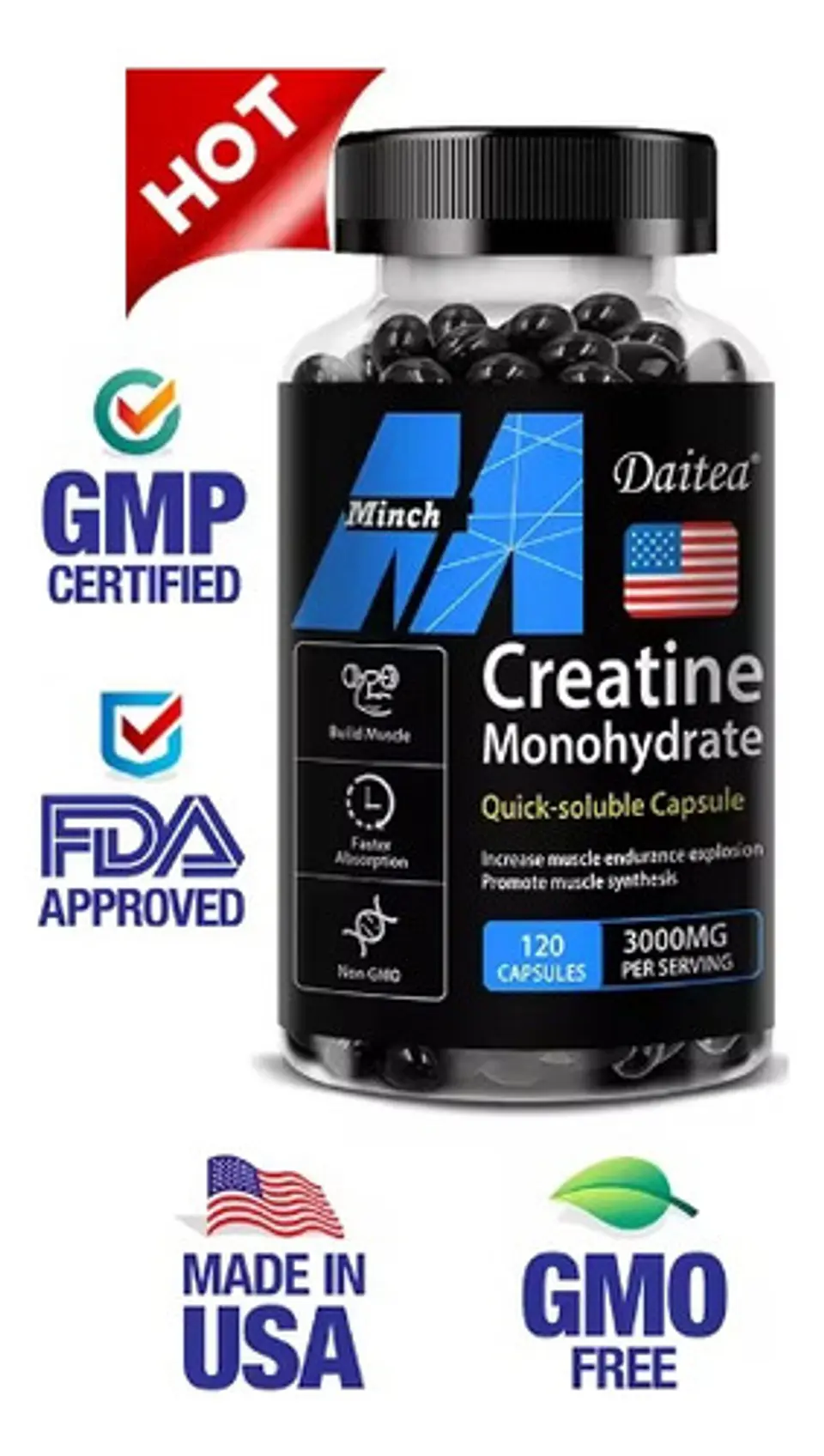 Creatina Monohydrate 120 Capsulas 3000Mg Sabor Sin Sabor 6
