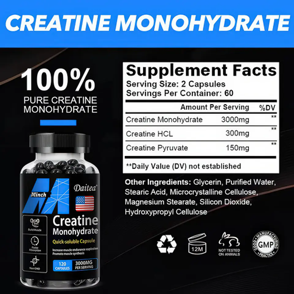 Creatina Monohydrate 120 Capsulas 3000Mg Sabor Sin Sabor 2