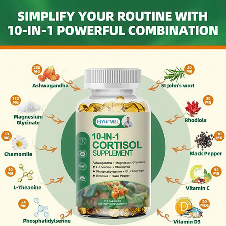 Suplemento Control Cortisol Ashwagandha Radiola Magnesio D3 3