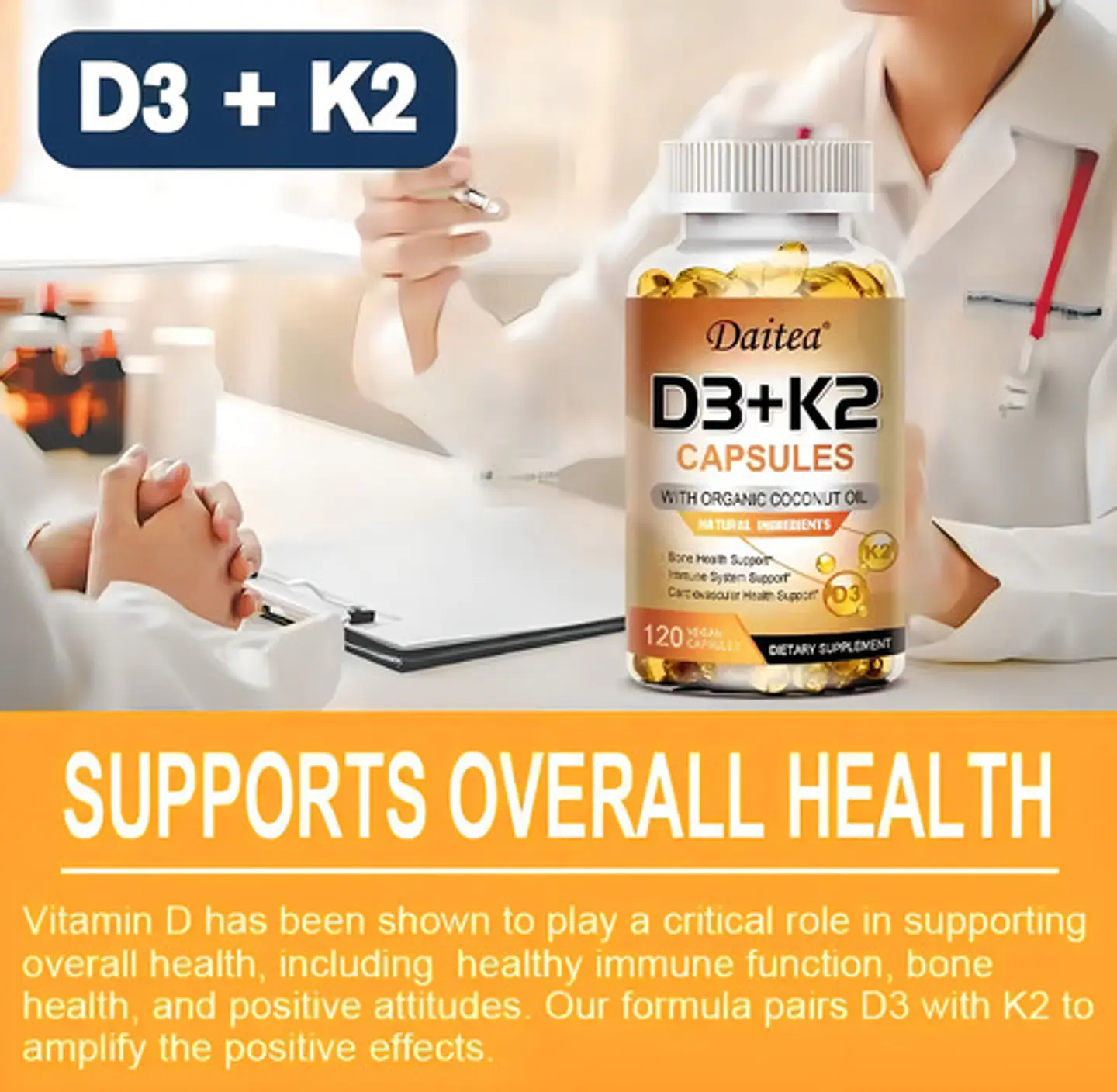 Vitamina D3 Daitea 120Caps. 5000 Ui+ Vitak2 Sist.Inmune,Óseo Sabor Sin Sabor 7