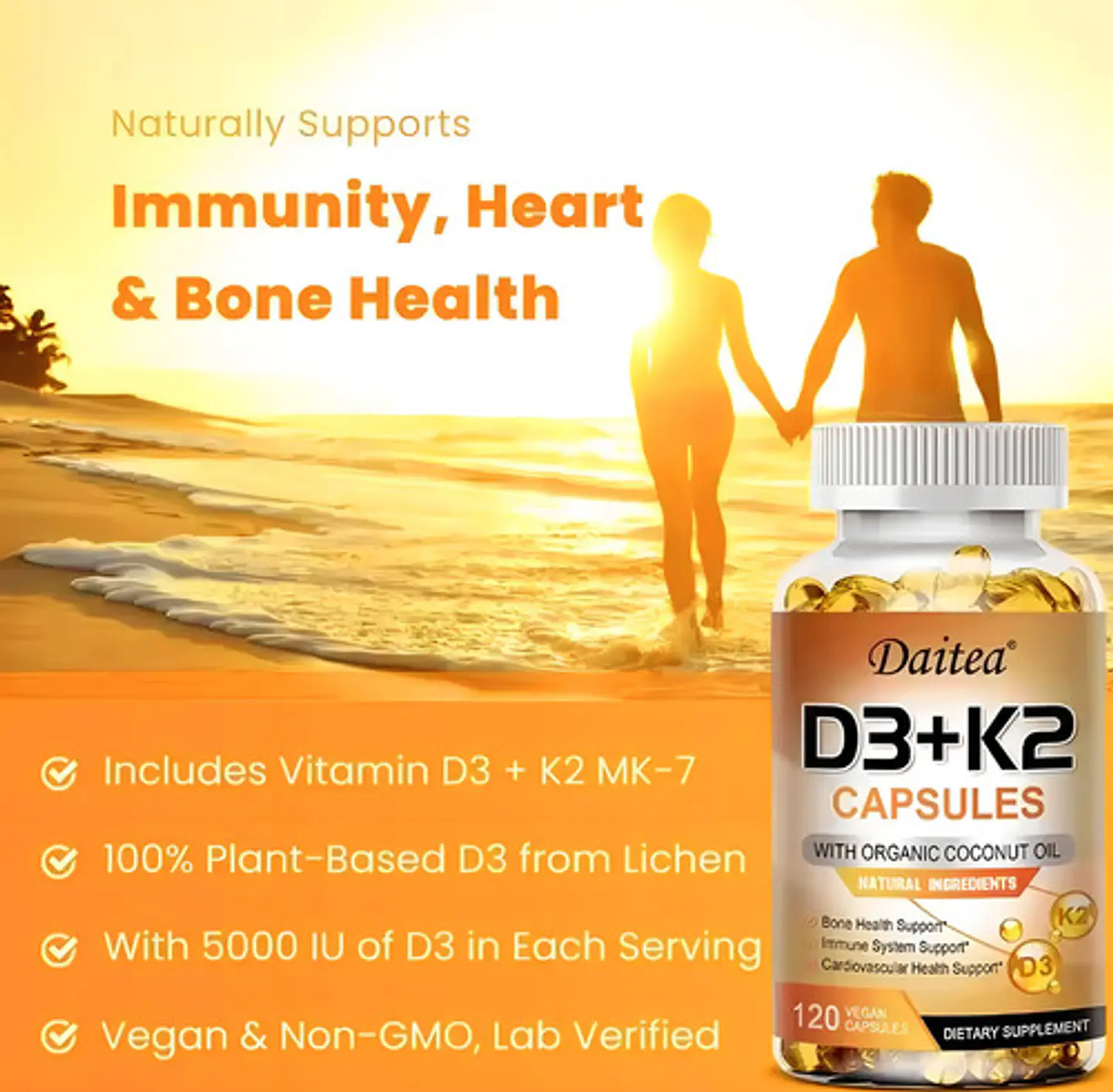 Vitamina D3 Daitea 120Caps. 5000 Ui+ Vitak2 Sist.Inmune,Óseo Sabor Sin Sabor 8
