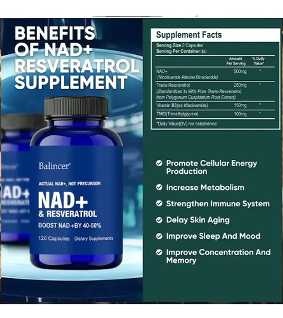 NAD+ Resveratrol Balincer 120 Capsulas sin Sabor 5
