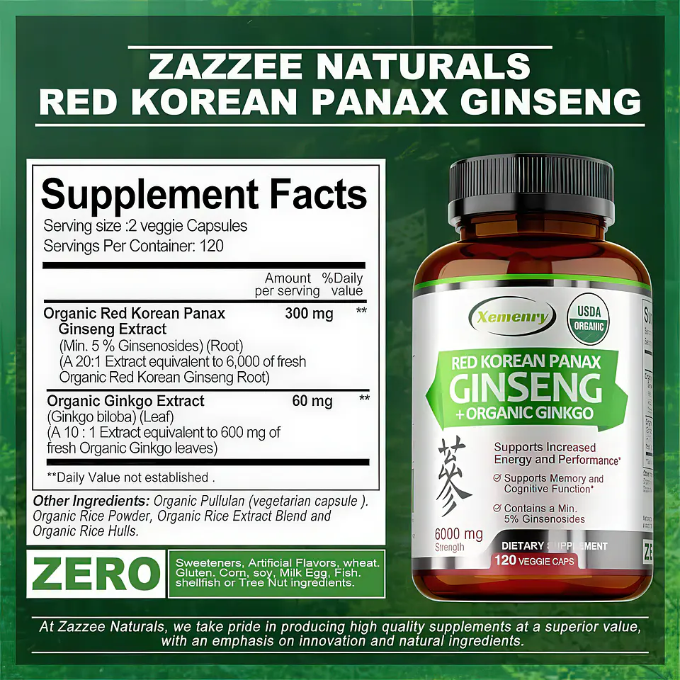 Xemenry Ginseng Rojo Coreano Panax (6000mg) + Ginkgo Biloba Orgánico - 120 Cápsulas Vegetales 2