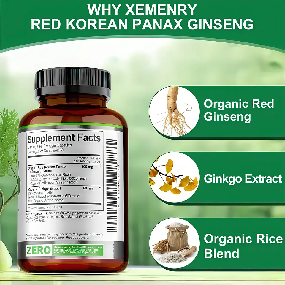 Xemenry Ginseng Rojo Coreano Panax (6000mg) + Ginkgo Biloba Orgánico - 120 Cápsulas Vegetales 3