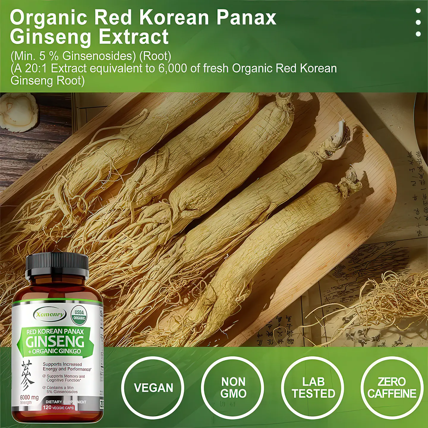Xemenry Ginseng Rojo Coreano Panax (6000mg) + Ginkgo Biloba Orgánico - 120 Cápsulas Vegetales 4