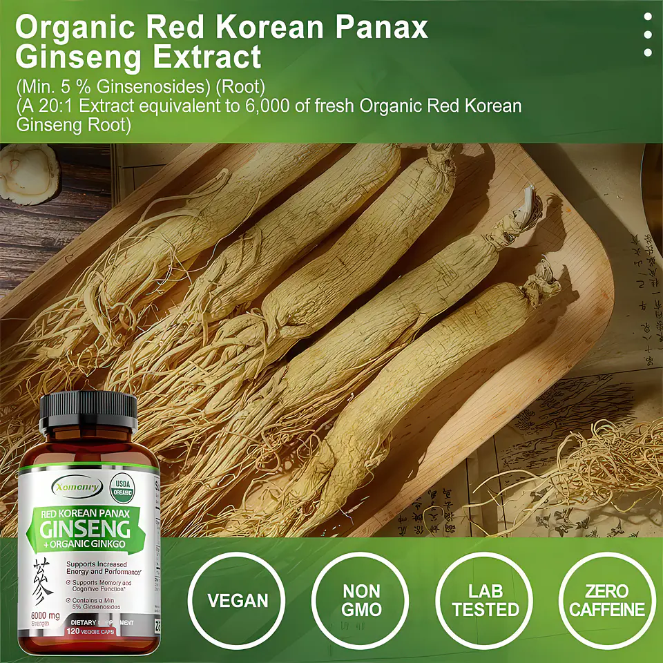 Xemenry Ginseng Rojo Coreano Panax (6000mg) + Ginkgo Biloba Orgánico - 120 Cápsulas Vegetales 4