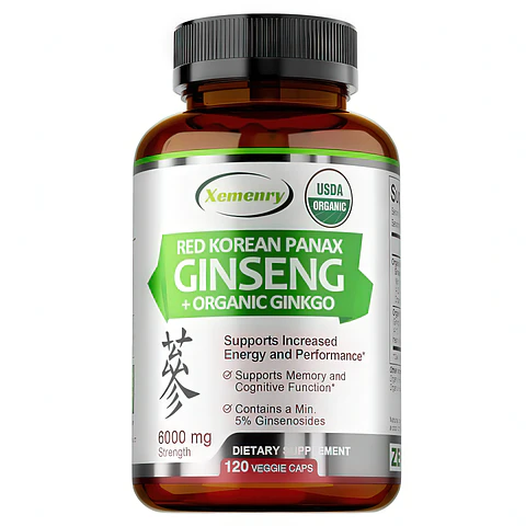 Xemenry Ginseng Rojo Coreano Panax (6000mg) + Ginkgo Biloba Orgánico - 120 Cápsulas Vegetales