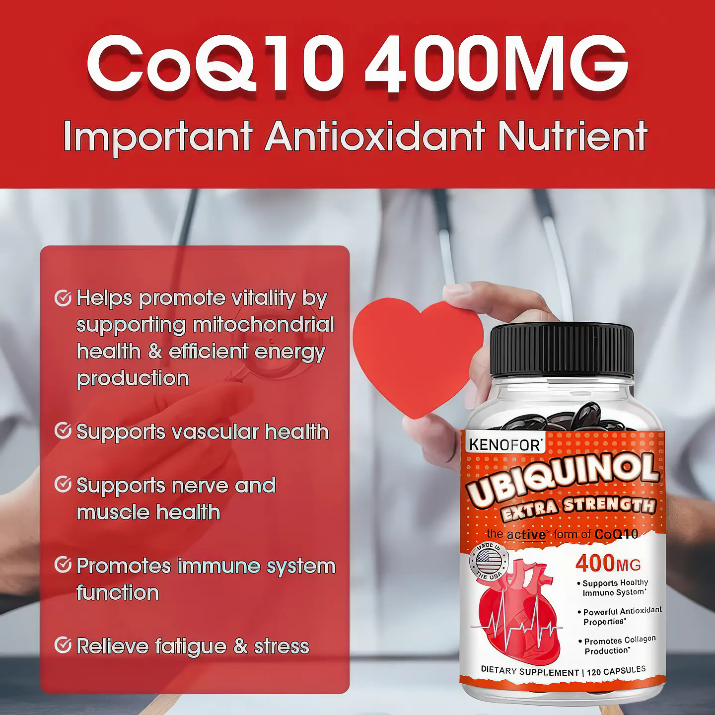 Kenofor Ubiquinol 400 mg (CoQ10 Activa) con Vitamina E y Bioperine - 120 Cápsulas Vegetales 4