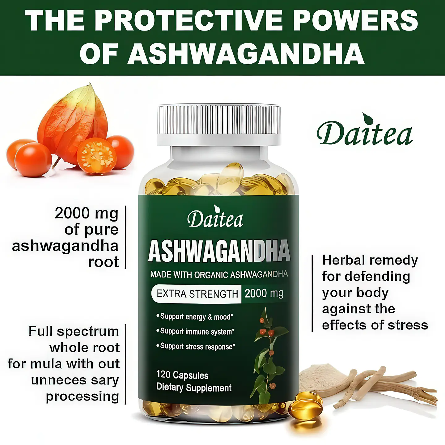 Daitea Organic Ashwagandha Extra Strength 2000 mg (120 Cápsulas) 4
