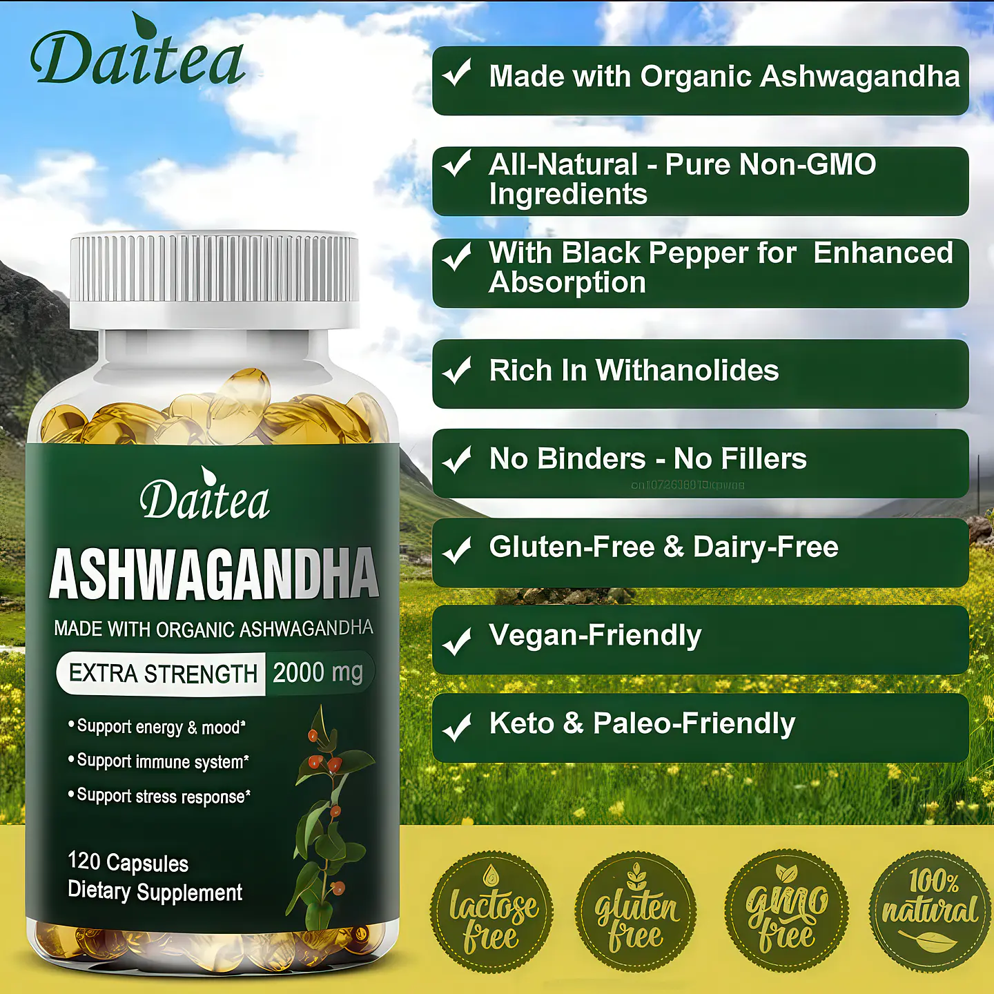 Daitea Organic Ashwagandha Extra Strength 2000 mg (120 Cápsulas) 6