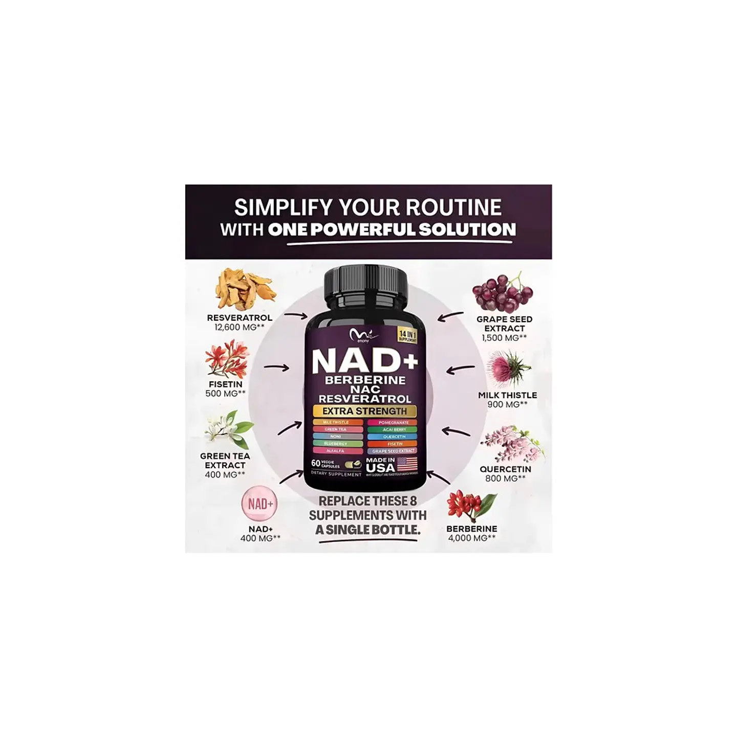 Nad+ Berberine NAC Y Resveratrol 14 En 1 De 60 Cápsulas 3