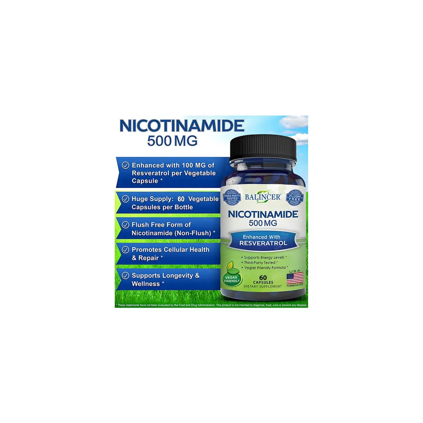 Nicotinamida Balincer 500 mg Resveratrol 60 Cápsulas Sin Gluten Vegano 2