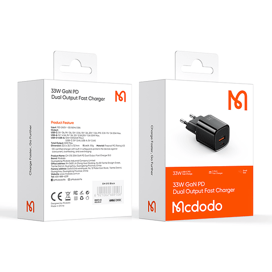 Cargador RAPIDO Mcdodo Nano GaN  (USB + USB-C) 33W